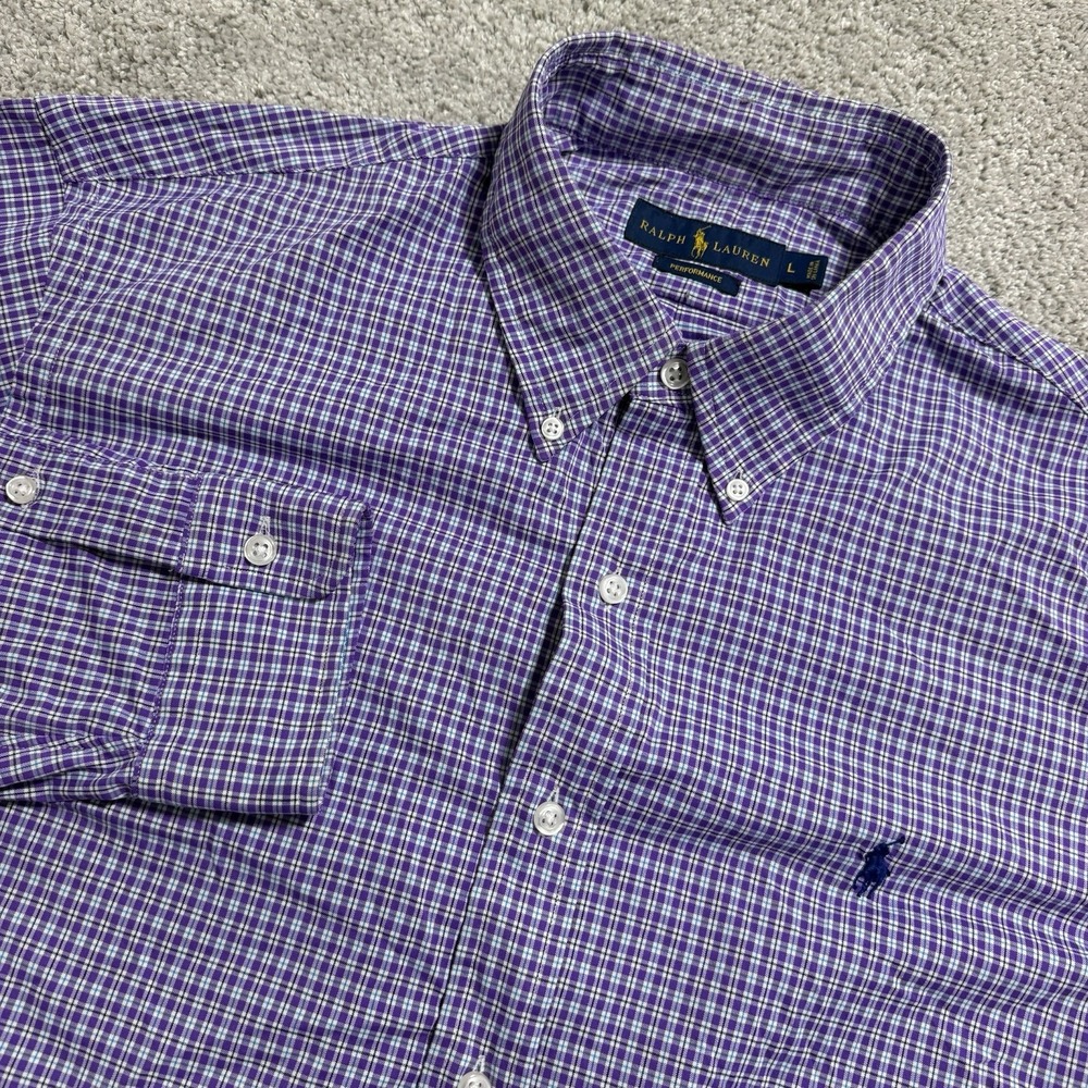 Ralph Lauren Performance Shirt Mens Sz L Purple Plaid Check Long Sleeve Button